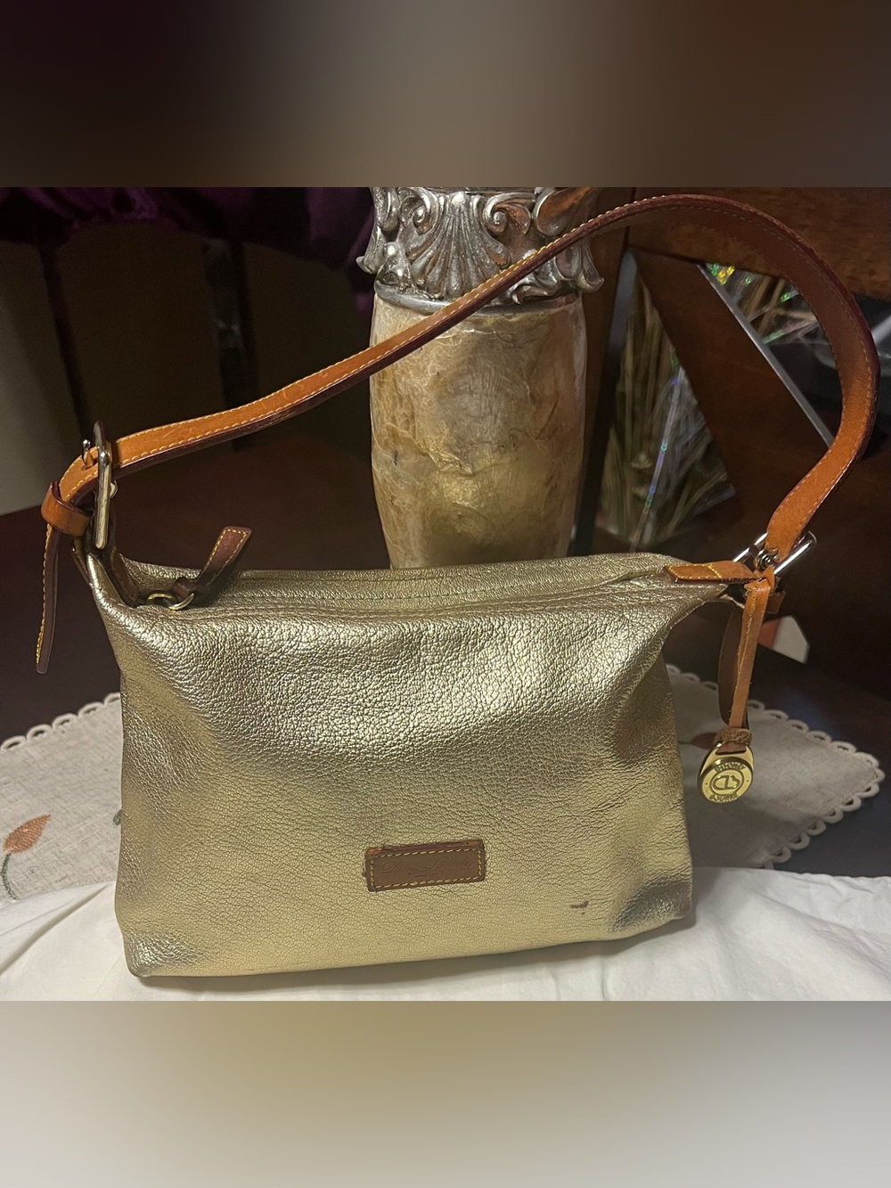 Vintage Dooney & Bourke Gold Leather Shoulder Bag with Contrast Strap